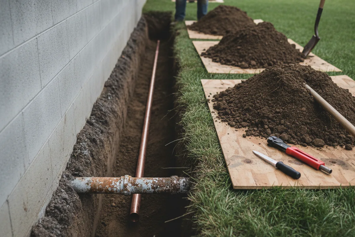 Excavated water line trench during Water Heater Repair in Hunt